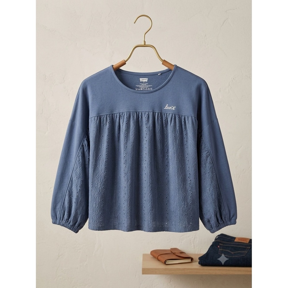 Levis Womens Blue Mixed Media Eyelet Cable Knit Long Sleeve Top Size L